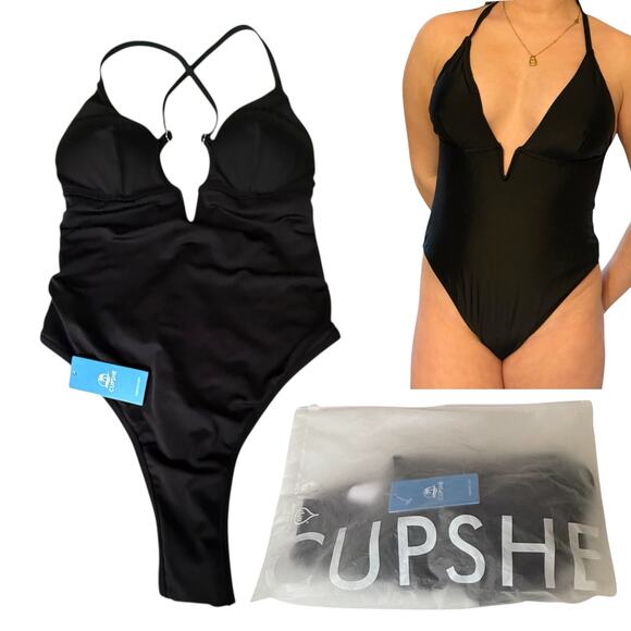 NEW Cupshe SWIMSUIT Women's LG Deep V-Wire Cross Back Cheeky One Piece Swimsuit - Picture 1 of 13